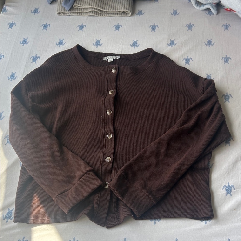 Green Envelope Chocolate Brown Button-Front Cardigan